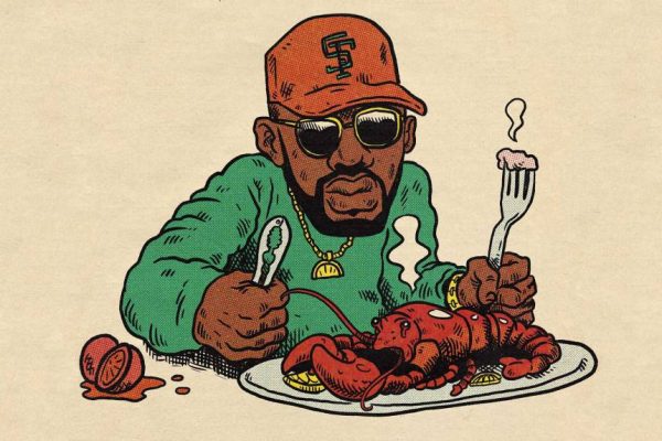 Illustration of the rapper Larry June in an SF Giants cap, holding a crab cracker in one hand and a fork in the other. In front of him is a whole lobster on a plate.