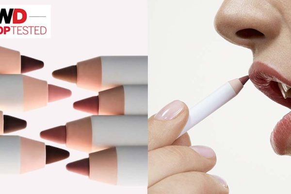 lip liner pencils over pink background; close-up image of a model applying lip liner