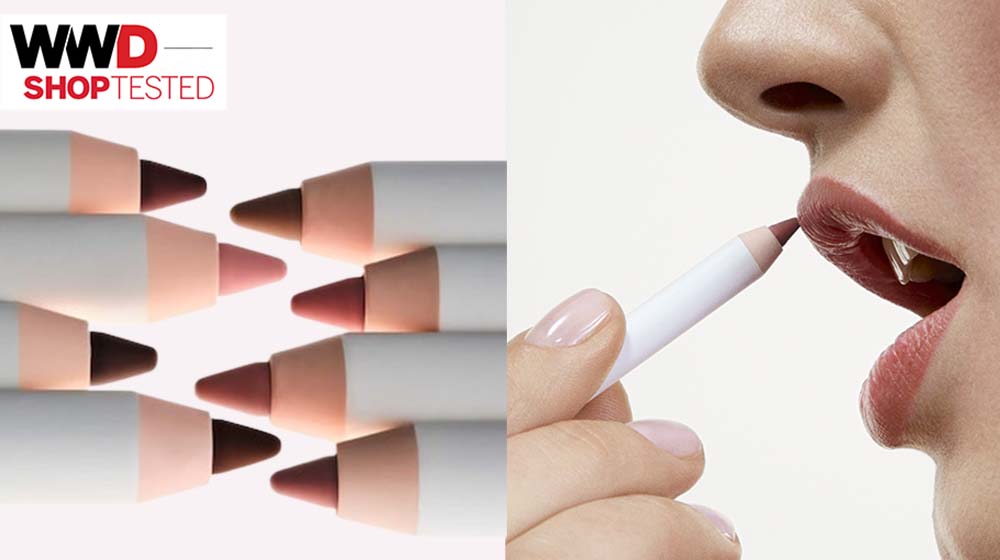 lip liner pencils over pink background; close-up image of a model applying lip liner