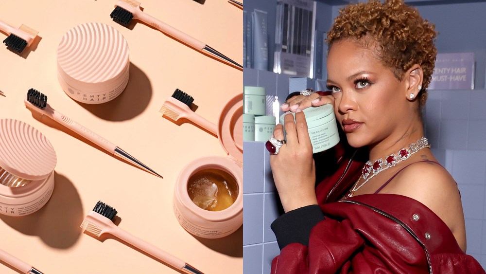 Fenty Hair styling products; Rihanna holds a Fenty Hair product at the brand's launch party