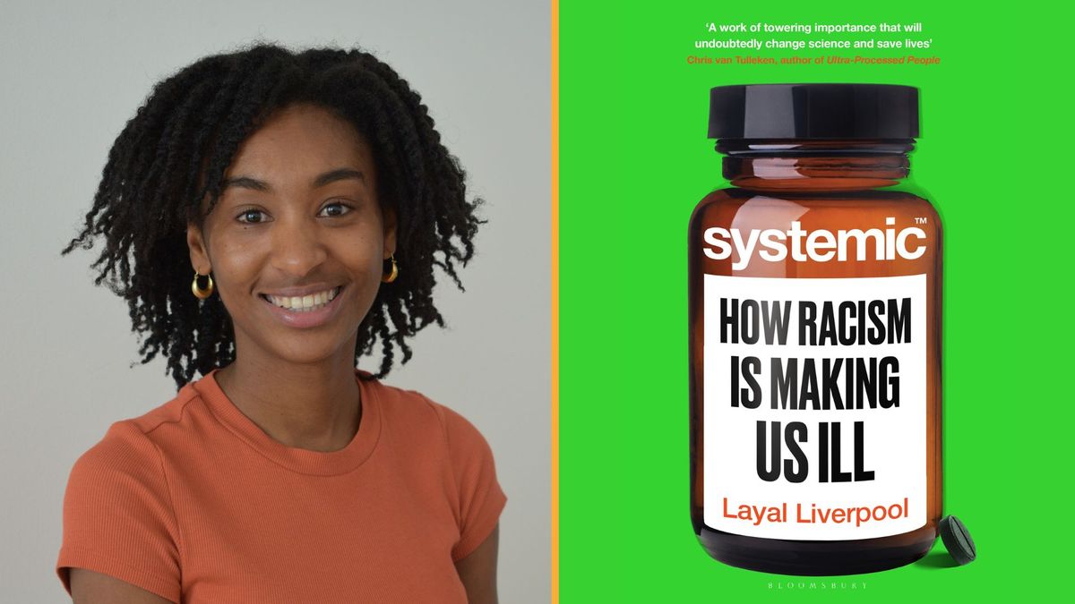 a photo of a young, smiling black woman in an orange top next to an image of a book cover that reads