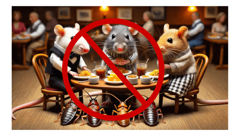 صورة تم إنشاؤها بواسطة الذكاء الاصطناعي لفئران وصراصير كرتونية تجلس على طاولة مطعم